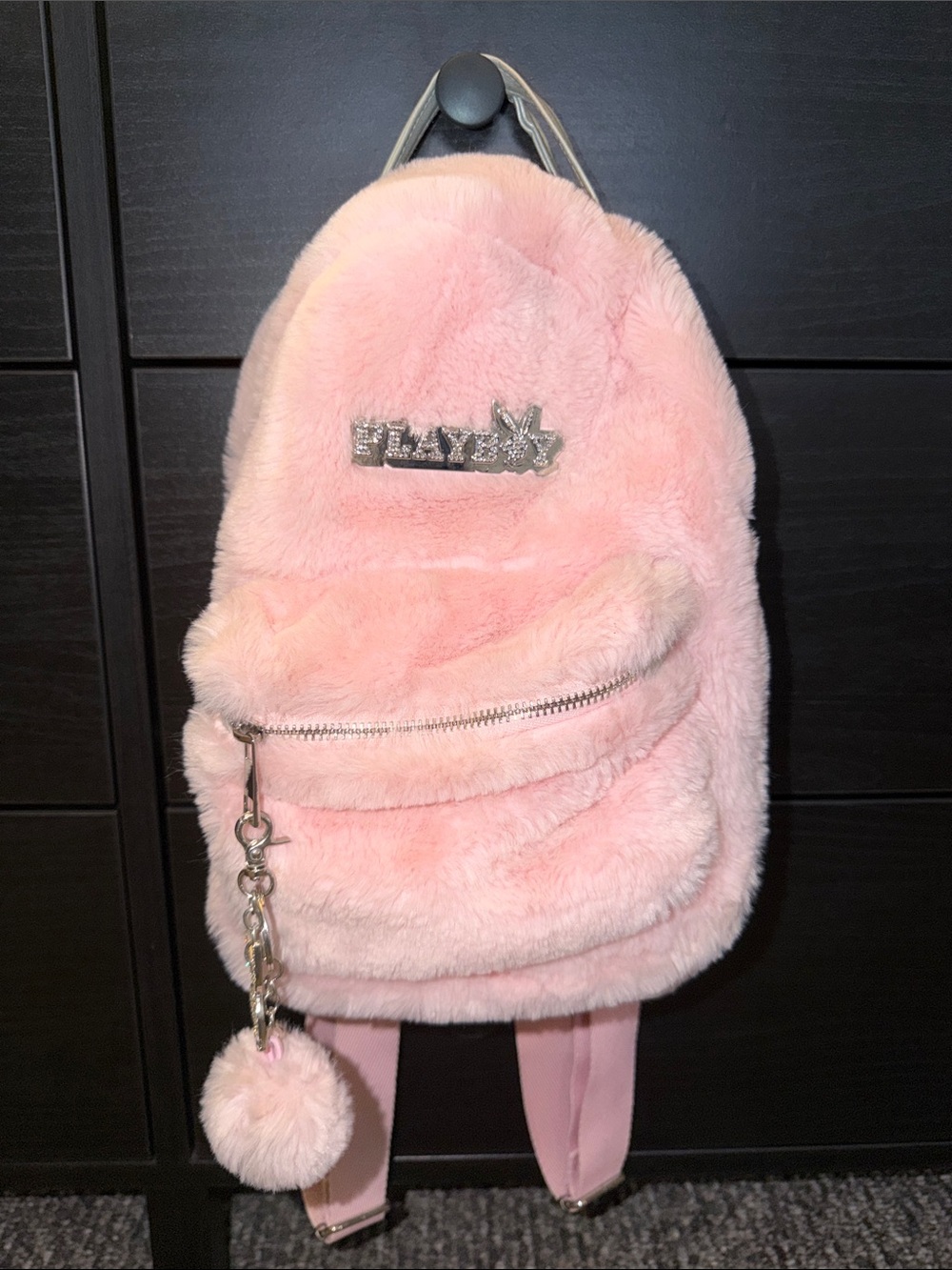 Plush Pink Kids Backpack with Pom Keychain